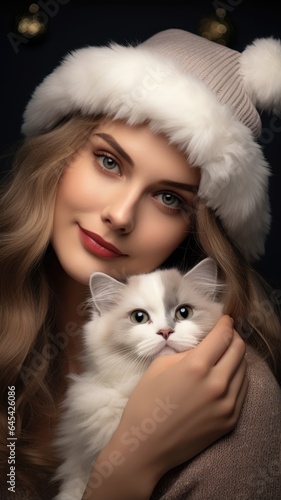 A woman in a festive Santa hat holding a cute white cat