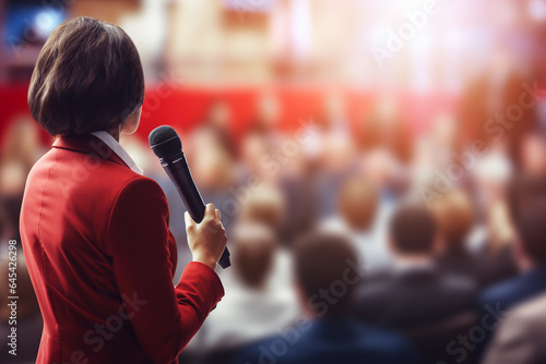 Spectacular female politician speaks on stage in front of crowds
