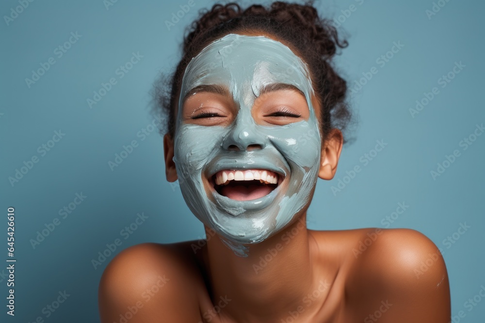 Laughing girl with cosmetic mask on her face. Laughing girl with cosmetic mask on her face.
