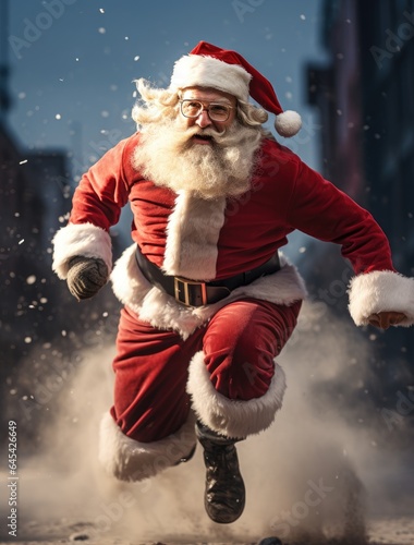 A person dressed as Santa Claus running in a snowy landscape
