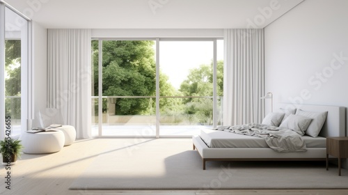 Interior of white minimalist scandi bedroom in luxury cottage or hotel. Large comfortable bed, side tables, armchair, panoramic windows with scenic landscape view. Ecodesign. Mockup, 3D rendering.