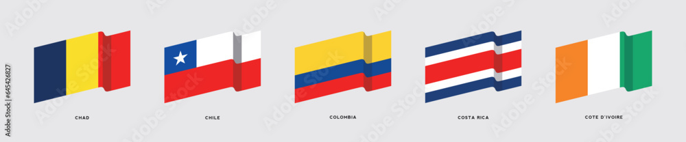 Set of waving 3D flags of Chad, Chile, Colombia, Costa Rica, Cote D'Ivoire. Vector illustration for graphic and web design. Set of waving 3D flags of Chad, Chile, Colombia, Costa Rica, Cote D'Ivoire. Vector illustration for graphic and web design.