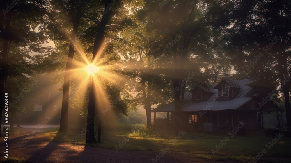 Fototapeta premium Evening landscape of a house in the forest with the setting sun and rays in the trees.