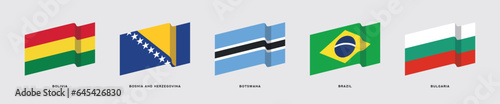 Set of waving 3D flags of Bolivia, Bosnia And Herzegovina, Botswana, Brazil, Bulgaria. Vector illustration for graphic and web design.
