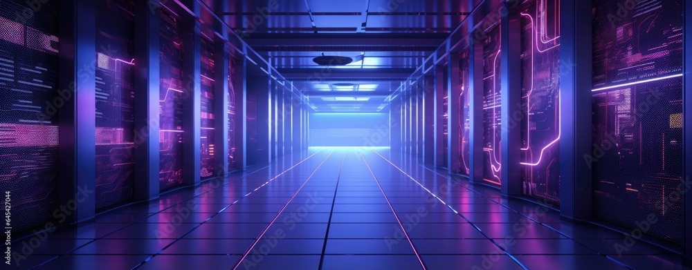 Fototapeta premium A data center hallway filled with rows of servers