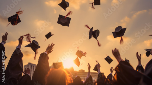 College graduated students throwing their caps up in celebration of graduation