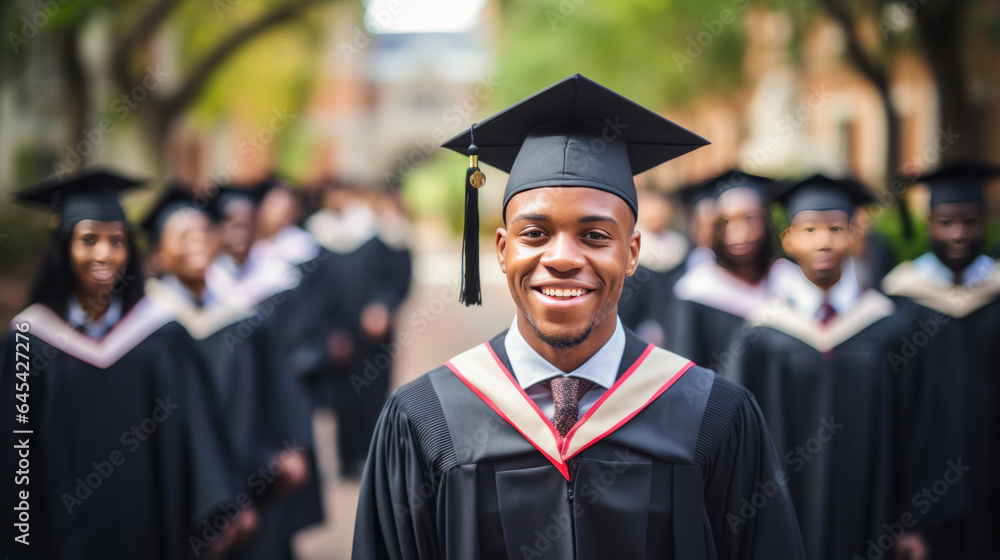 Happy smiling graduating student guy in an academic gown standing in front of other alumni Happy smiling graduating student guy in an academic gown standing in front of other alumni