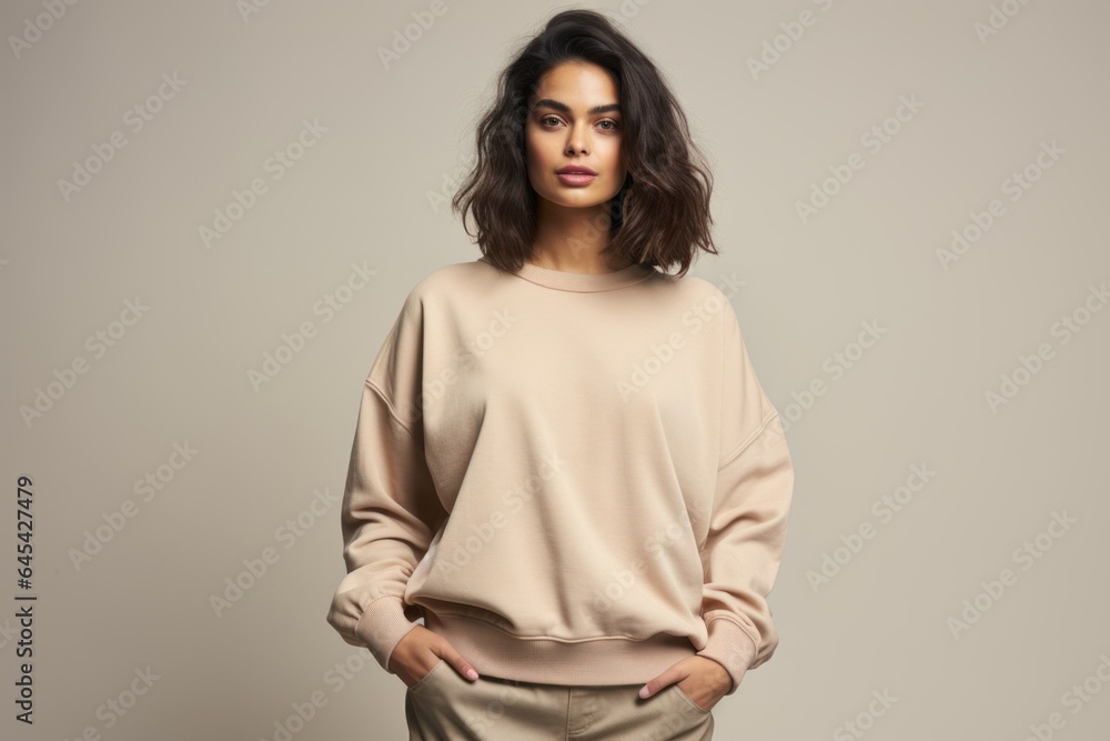 Fototapeta premium Isolated Portrait of a Fictional Female Model Wearing a Large Oversized Beige Colored Sweatshirt on a Plain Blank Background. Generative AI.