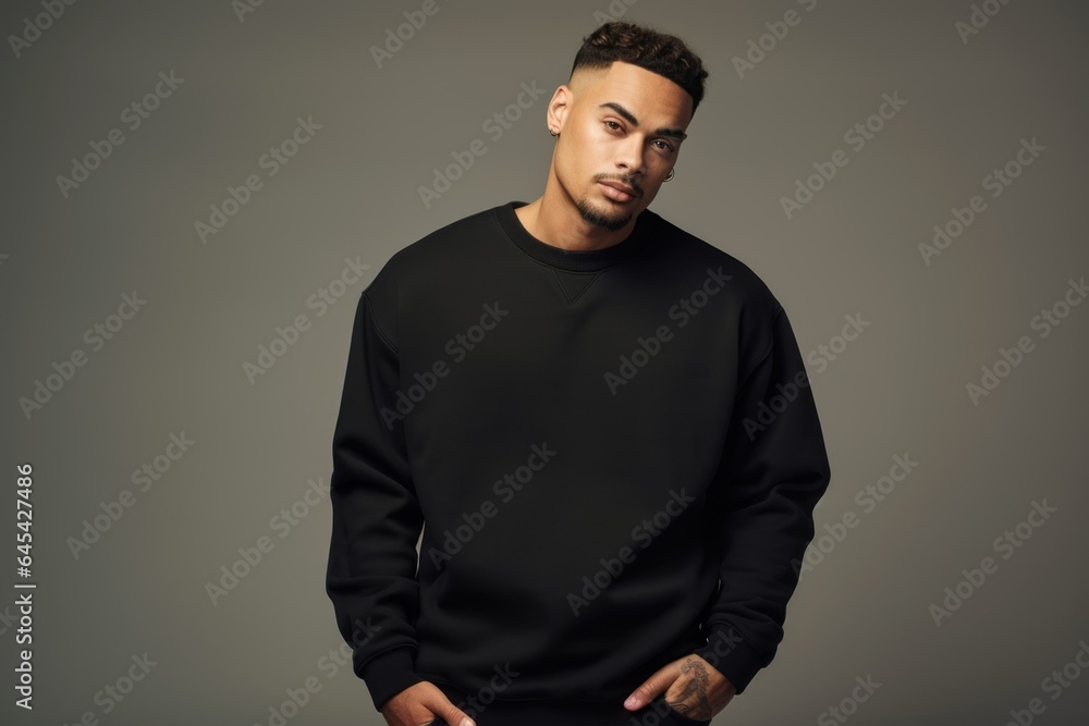 Isolated Portrait of a Fictional Male Model Wearing a Large Oversized Black Colored Sweatshirt on a Plain Blank Background. Generative AI. Isolated Portrait of a Fictional Male Model Wearing a Large Oversized Black Colored Sweatshirt on a Plain Blank Background. Generative AI.