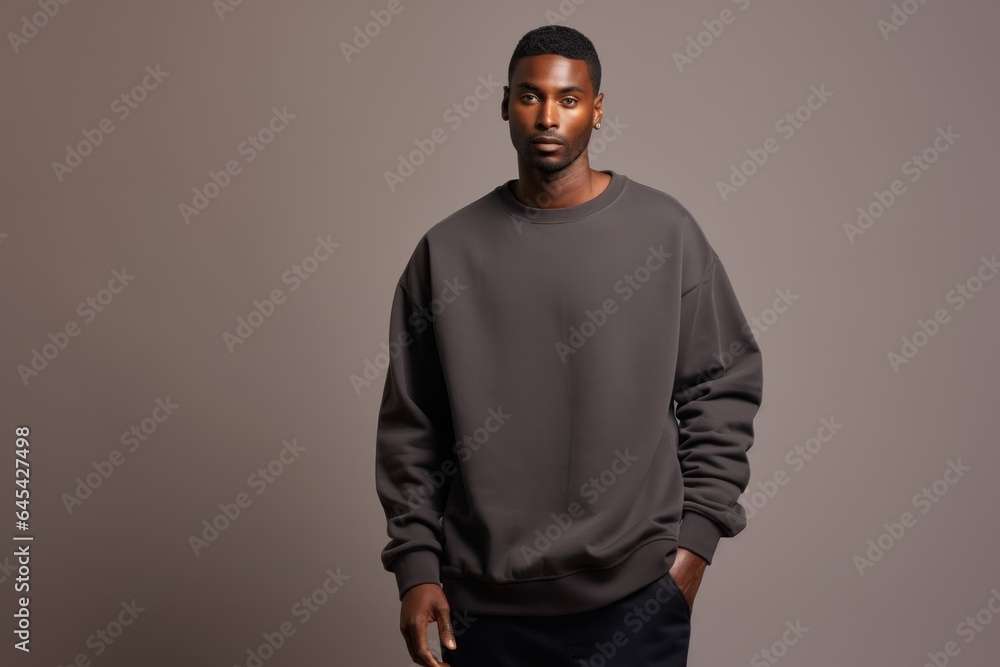 Isolated Portrait of a Fictional Male Model Wearing a Large Oversized Charcoal Colored Sweatshirt on a Plain Blank Background. Generative AI.