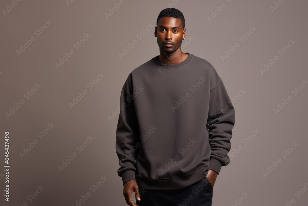Fototapeta premium Isolated Portrait of a Fictional Male Model Wearing a Large Oversized Charcoal Colored Sweatshirt on a Plain Blank Background. Generative AI.