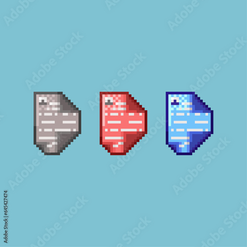Pixel art sets of papper business with variation color items asset. three colour of papper on pixelated style.8bits perfect for game asset or design asset element for your game design asset.