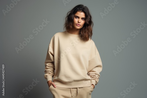 Isolated Portrait of a Fictional Female Model Wearing a Large Oversized Beige Colored Sweatshirt on a Plain Blank Background. Generative AI.