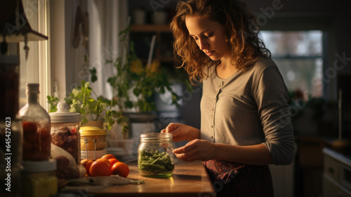 Woman making jars of preserved vegetables in her kitchen