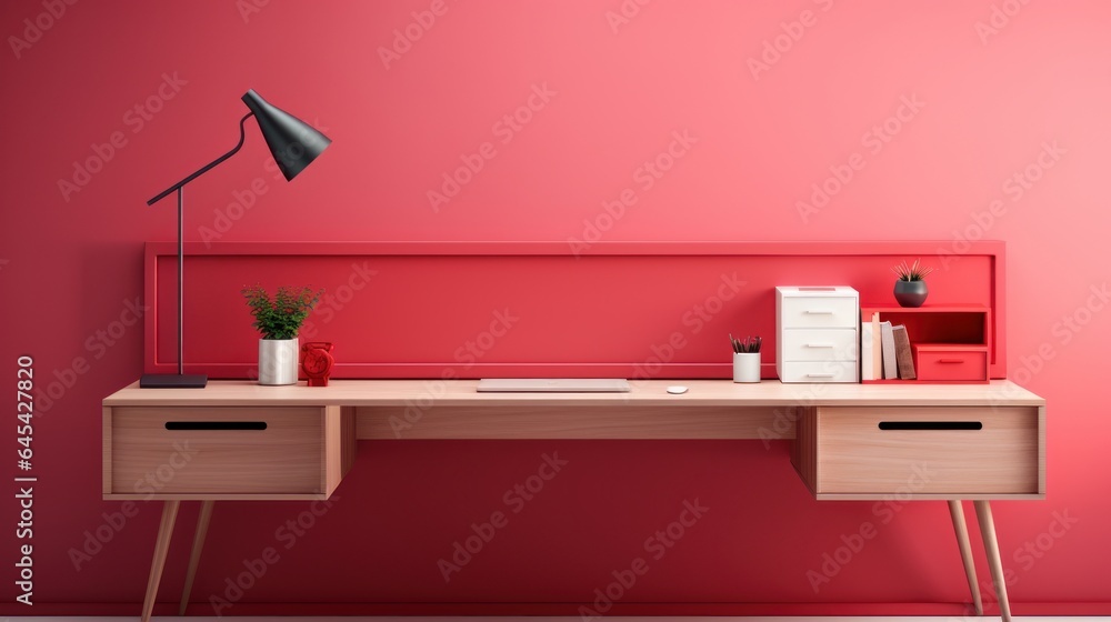 Stylish minimalist monochrome interior of modern office room in pastel carmine red and pink tones. Large desktop, computer, office tools, table lamp, chair. Creative design. Mockup, 3D rendering.