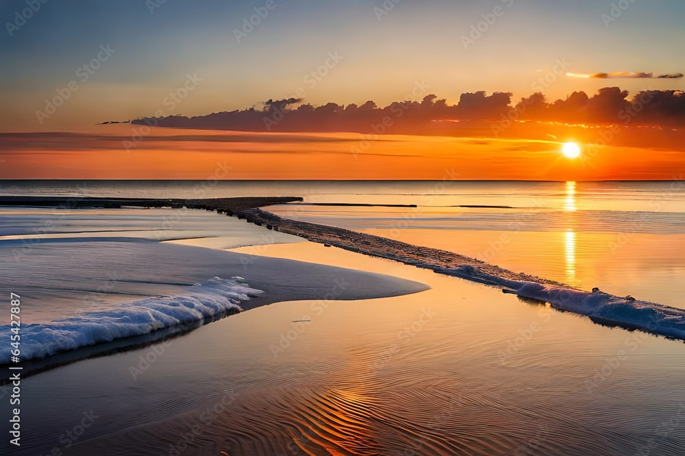 sunset over the sea with flowing water.