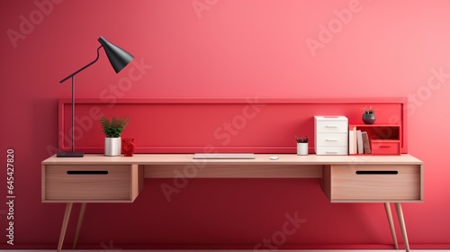 Stylish minimalist monochrome interior of modern office room in pastel carmine red and pink tones. Large desktop  computer  office tools  table lamp  chair. Creative design. Mockup  3D rendering.