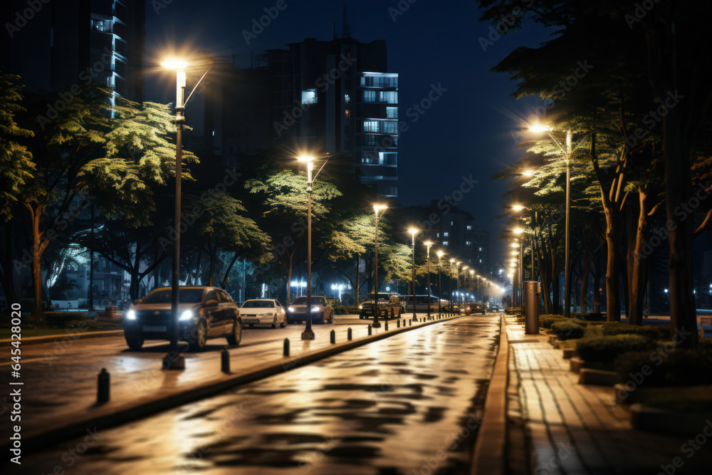 Energy-Efficient Lighting. LED streetlights illuminating a city, illustrating the adoption of energy-saving measures for a sustainable climate. Generative Ai.