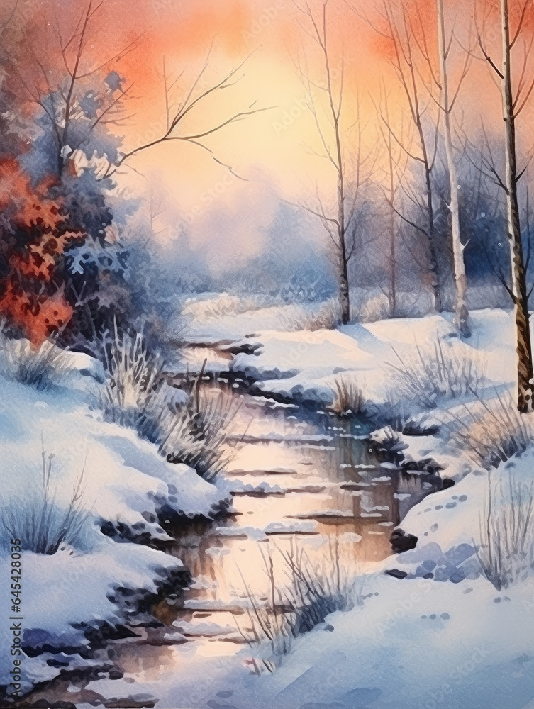 Watercolor winter countryside landscape frozen river. The water mirror is bound by transparent fresh ice, through which the water surface is visible. The air is frosty