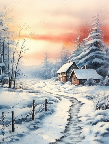 watercolor painting of a winter landscape in a village The air is frosty © _Julia_red