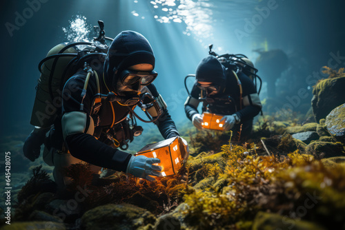 Coastal Cleanup. Divers removing debris from the ocean floor, symbolizing the protection of marine life for a sustainable climate. Generative Ai. © Sebastian