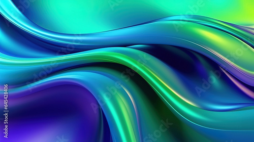 Abstract fluid 3D twisted iridescent holographic neon waves background. Generative AI