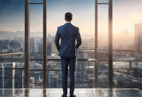 Rear view of businessman joy at success on the roof of a high-rise building in the midst of a big cityscape. businessman successful concept. AI Generative, illustration