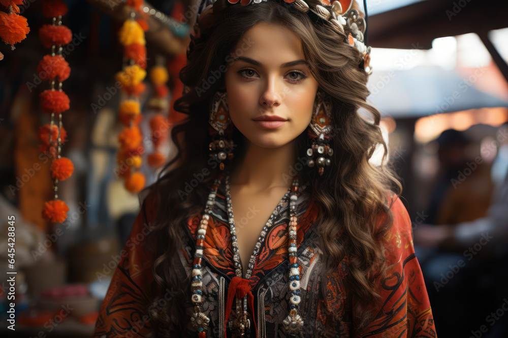 Cultural Immersion. Traveler wearing traditional clothing in a local market, showcasing the desire to go everywhere and experience diverse cultures. Generative Ai. Cultural Immersion. Traveler wearing traditional clothing in a local market, showcasing the desire to go everywhere and experience diverse cultures. Generative Ai.