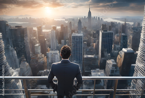 Rear view of businessman joy at success on the roof of a high-rise building in the midst of a big cityscape. businessman successful concept. AI Generative, illustration