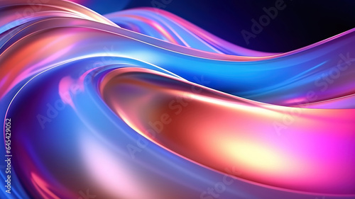 Abstract 3d render, iridescent glossy holographic metallic organic curve wave. Generative AI