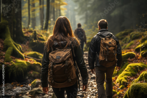 Outdoor Adventure. Friends hiking through a forest, embracing the active and adventurous lifestyle to be healthy. Generative Ai.