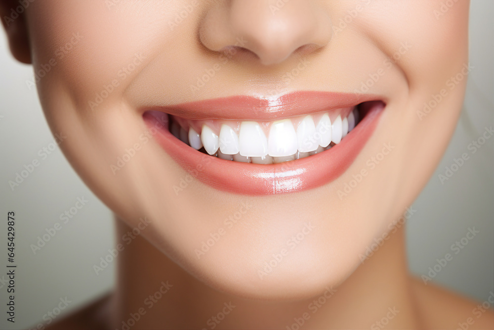 Generative AI concept close up cropped photo of woman mouth with perfect white bright smile and healthy teeth Generative AI concept close up cropped photo of woman mouth with perfect white bright smile and healthy teeth