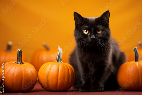 Black cat with Halloween witch carved pumpkin isolated over orange theme background © deagreez