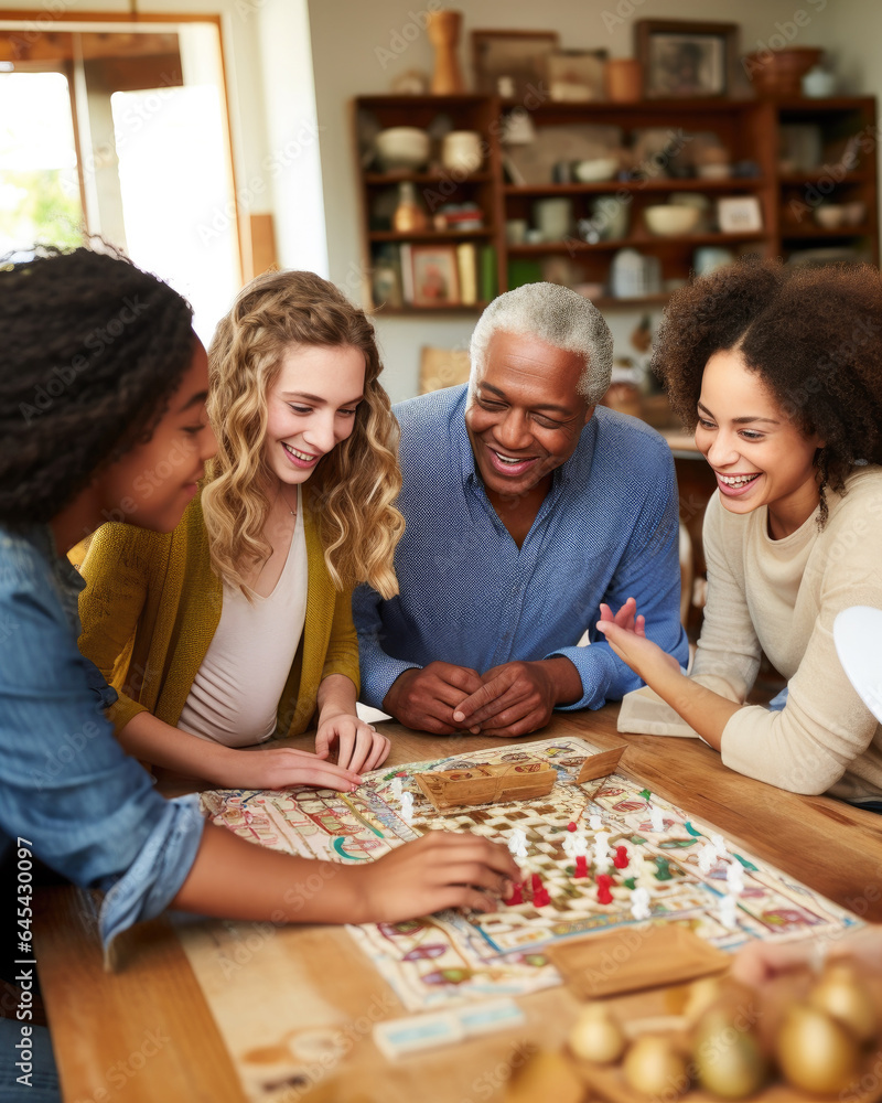 Fototapeta premium A diverse family enjoys a board game during the holidays, capturing the warmth and unity of multiethnic togetherness. Ideal for themes of family, diversity, and celebration.