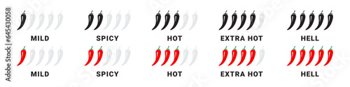 Spicy level labels. Chili spicy meter. Red spicy chili peppers. Spicy and hot. Vector illustration