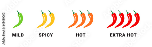 Spicy levels icons. Hot natural chili pepper symbols. Spicy and hot. Vector illustration