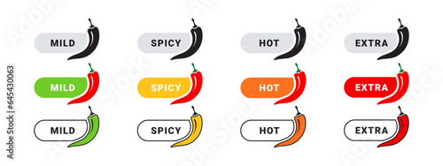 Pepper spicy level icons. Hot natural chili pepper symbols. Spicy and hot. Vector illustration