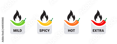 Spicy levels. Hot natural chili pepper icons. Spicy and hot. Vector illustration