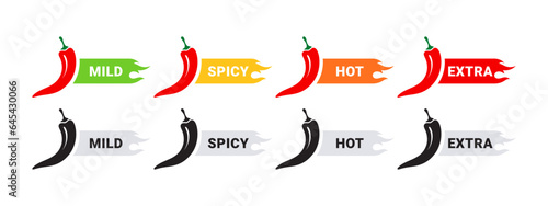 Spicy food. Food spiciness level. Hot natural chili pepper icons. Spicy and hot. Vector illustration