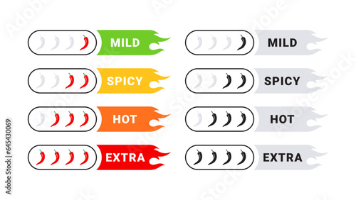 Spicy meter. Food spiciness scale. Hot natural chili pepper icons. Spicy and hot. Vector illustration