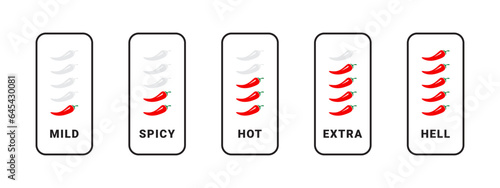 Product spicy degree. Chili spicy meter. Red spicy chili peppers. Spicy and hot. Vector illustration