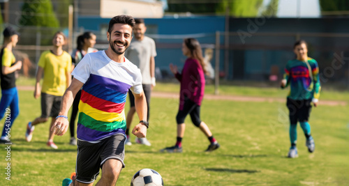 An ally attends a soccer game, visibly supporting diversity and inclusion. Ideal for themes of sports allyship, community engagement, and social unity. © Davis Brown