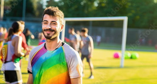 An ally attends a soccer game, visibly supporting diversity and inclusion. Ideal for themes of sports allyship, community engagement, and social unity.