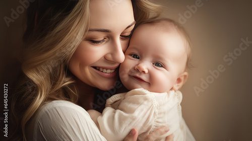 Created with Generate Ai Technology , Portrait pretty woman holding a newborn baby , Loving mom carying of her newborn baby in her arms