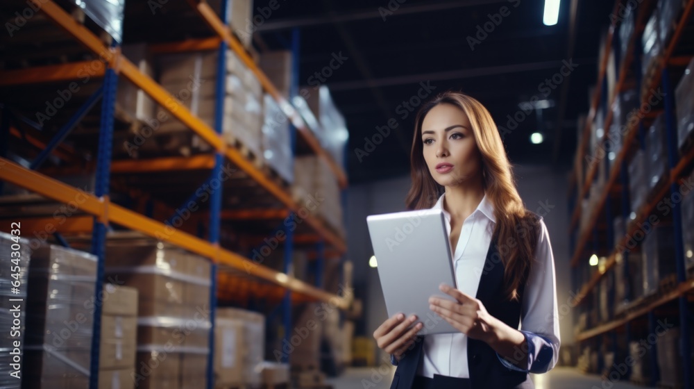 Confident businesswoman standing with clipboard in distribution warehouse.