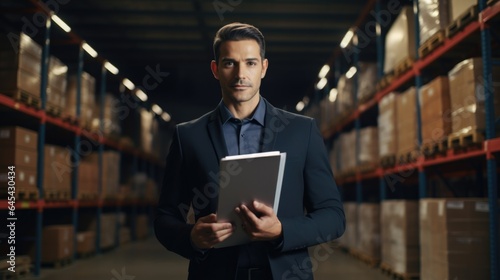 Confident businessman standing with clipboard in distribution warehouse.
