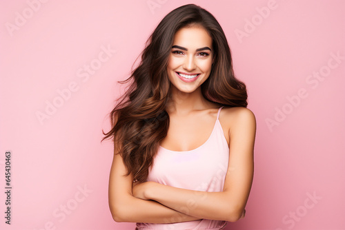Young attractive woman isolated over background nice hair curls Generative AI technology