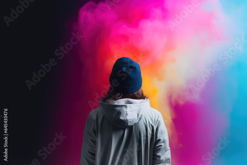 Aura - silhouette of a person facing a rainbow smoke with some accent of the darkness, with copy space