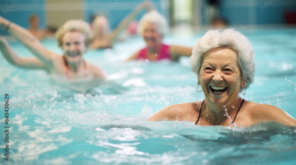 A group of old women exercising by dancing in a swimming pool