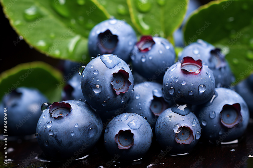 Close up photography of delicious juicy sweet forest blueberries with water droplets generative AI concept Close up photography of delicious juicy sweet forest blueberries with water droplets generative AI concept